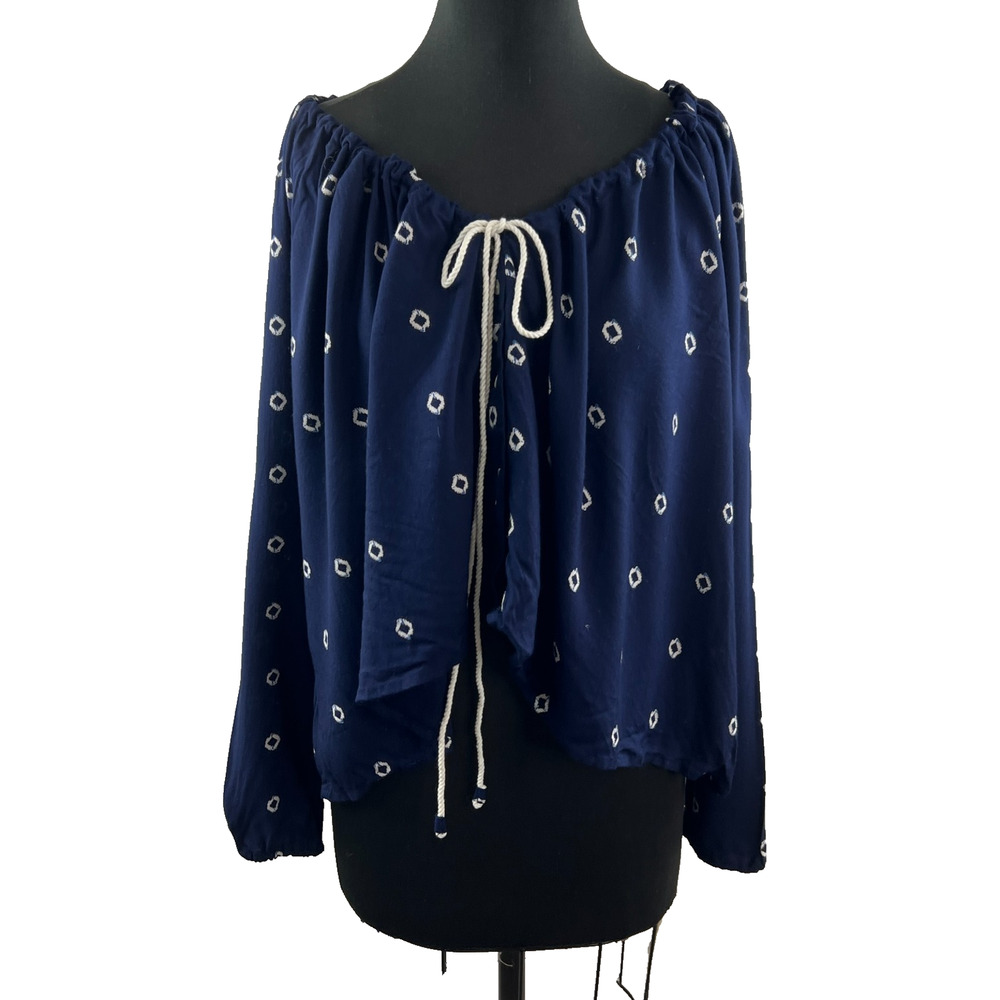 Solito Navy Blue Gathered Top Long Sleeves White Diamonds Ties XS NEW